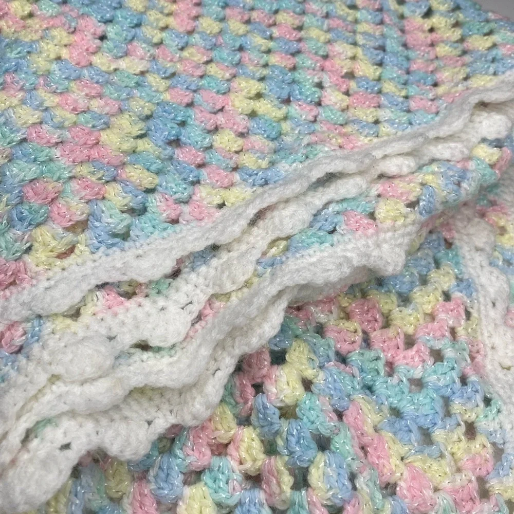 Crocheted Homemade Baby Blanket Pink, Yellow, Green, Blue and White 36x26
